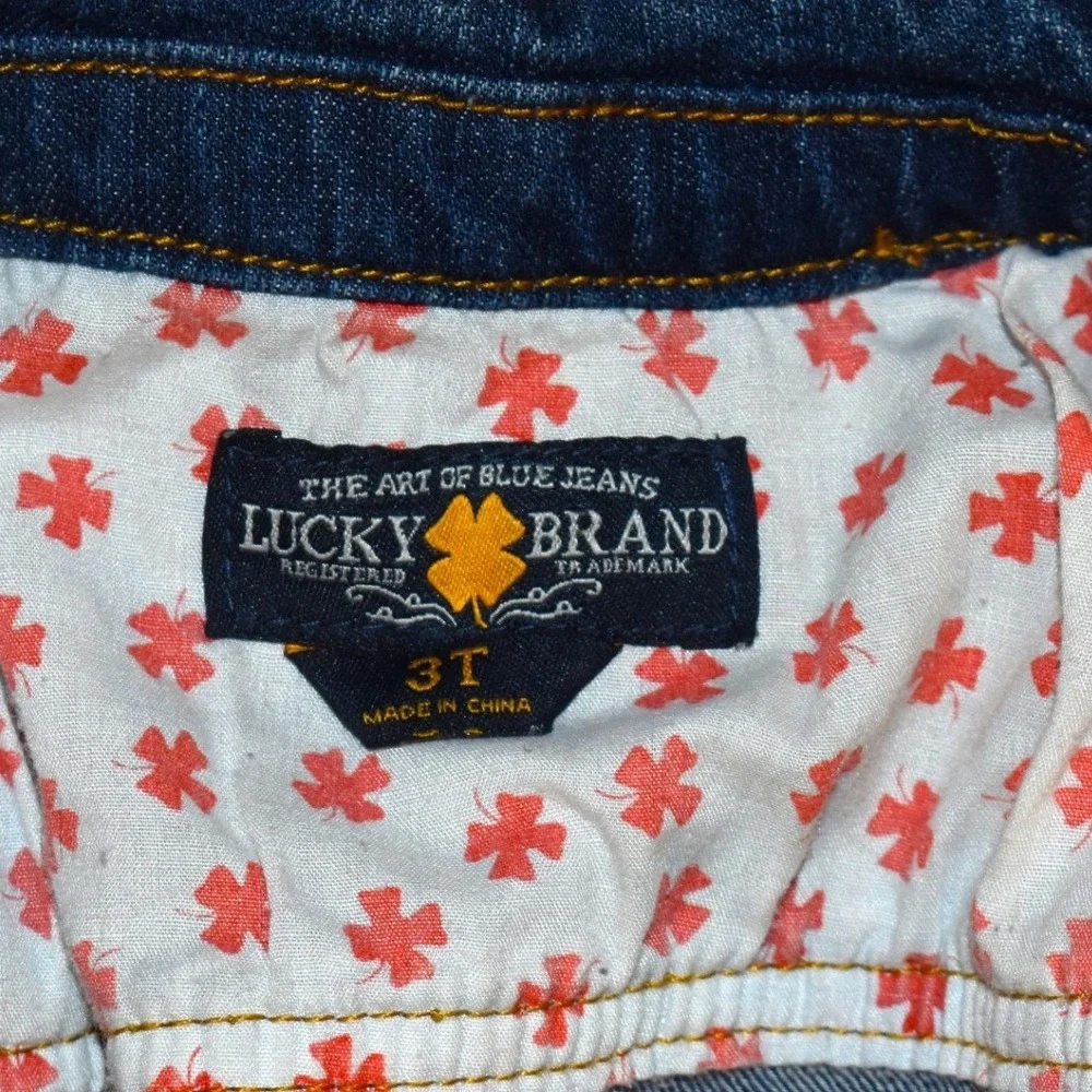 Lucky Brand Denim Trucker Jacket Kids 3T Dark Blue Excellent Clover Print Lining